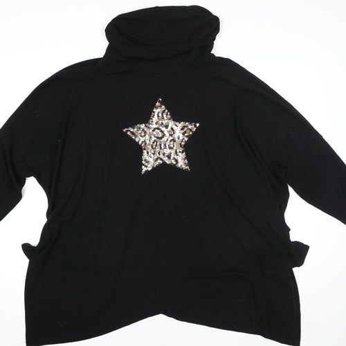 Roman Women Black Sequin Star Cowl Neck Long Sleeve Pullover Sweatshirt Size 20