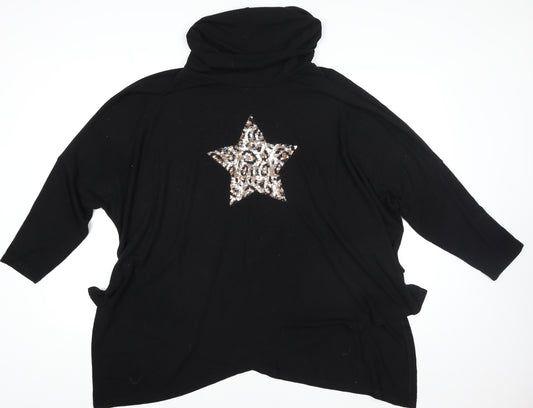 Roman Women Black Sequin Star Cowl Neck Long Sleeve Pullover Sweatshirt Size 20