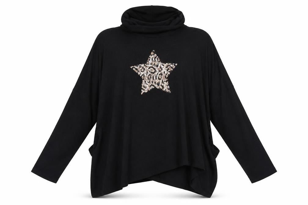 Front view of Roman Women Black Sequin Star Cowl Neck Long Sleeve Pullover Sweatshirt, size 20