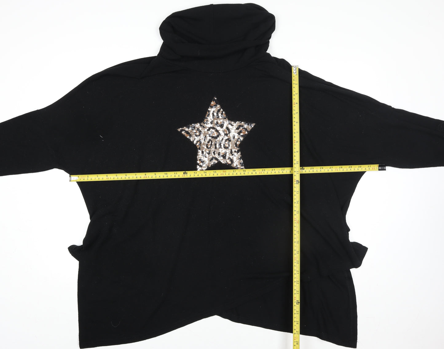 Roman Women Black Sequin Star Cowl Neck Long Sleeve Pullover Sweatshirt Size 20