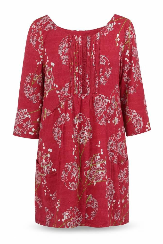Front view of White Stuff Women's Red Floral Knee Length Shift Dress, size 12