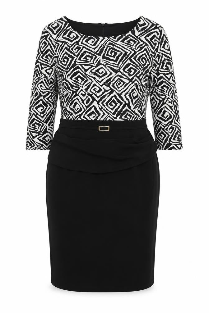 Front view of Frank Lyman Women’s Black Geometric Sheath Dress, size UK 14