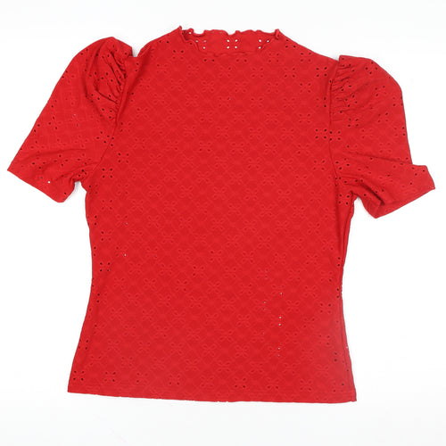 Emery Rose Women's Red Eyelet Puff Sleeve High Neck Blouse XL