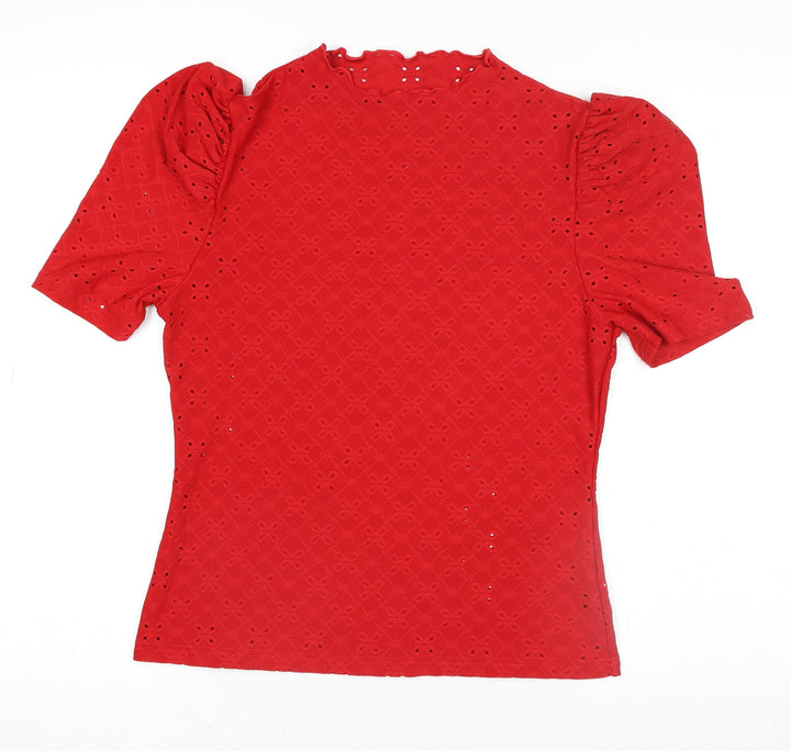 Emery Rose Women's Red Eyelet Puff Sleeve High Neck Blouse XL