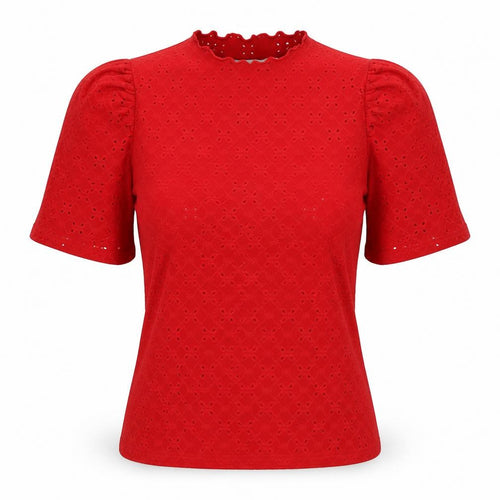 Emery Rose Women's Red Eyelet Puff Sleeve High Neck Blouse XL