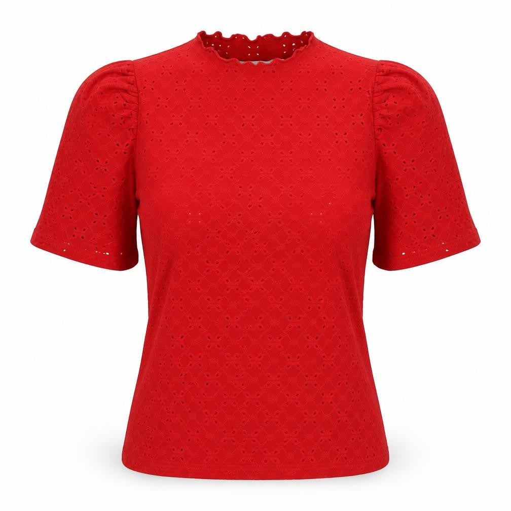 Emery Rose Women's Red Eyelet Puff Sleeve High Neck Blouse XL