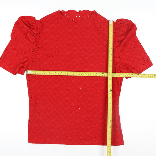 Emery Rose Women's Red Eyelet Puff Sleeve High Neck Blouse XL