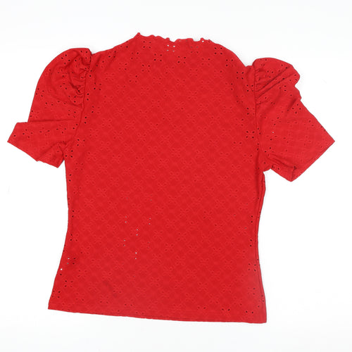 Emery Rose Women's Red Eyelet Puff Sleeve High Neck Blouse XL