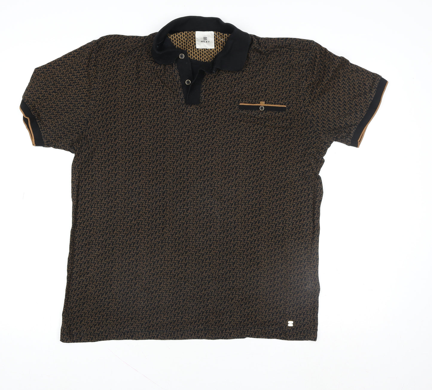 Next Men's Brown Geometric Short Sleeve Cotton Polo Shirt Size M