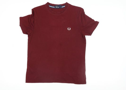 Fred Perry Men's Burgundy Cotton Crew Neck Short Sleeve T-Shirt Size M