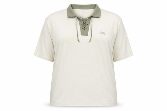 Front view of Cotton Traders women’s beige 4xl short sleeve lace up polo top