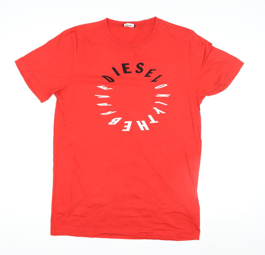 Diesel Men's Red Graphic Logo Crew Neck Cotton T-Shirt Size M