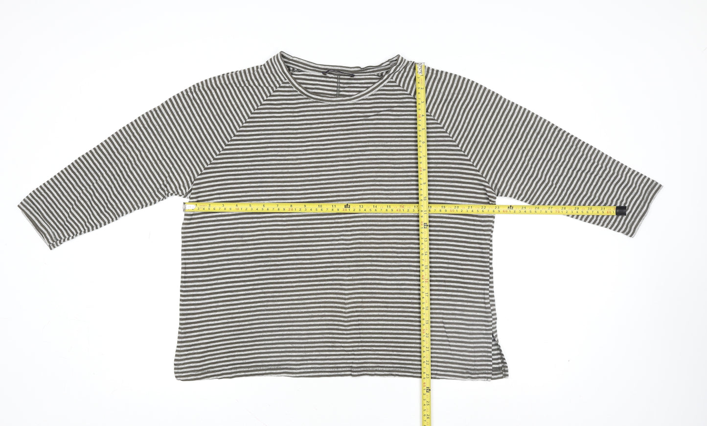 Marks and Spencer Women's Grey Striped 3/4 Sleeve Jersey T-Shirt Size 16