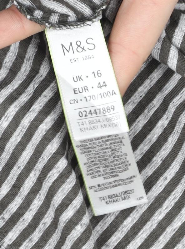 Marks and Spencer Women's Grey Striped 3/4 Sleeve Jersey T-Shirt Size 16