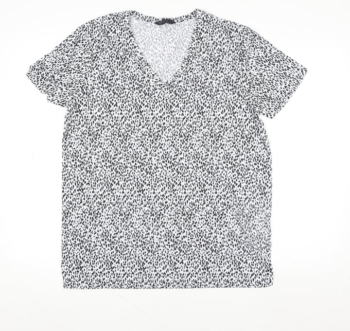 Marks and Spencer Womens White Animal Print V-Neck Short Sleeve T-Shirt Size 12