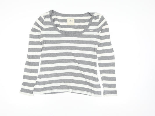 Hollister Women’s Grey White Striped Long Sleeve Cotton Top L