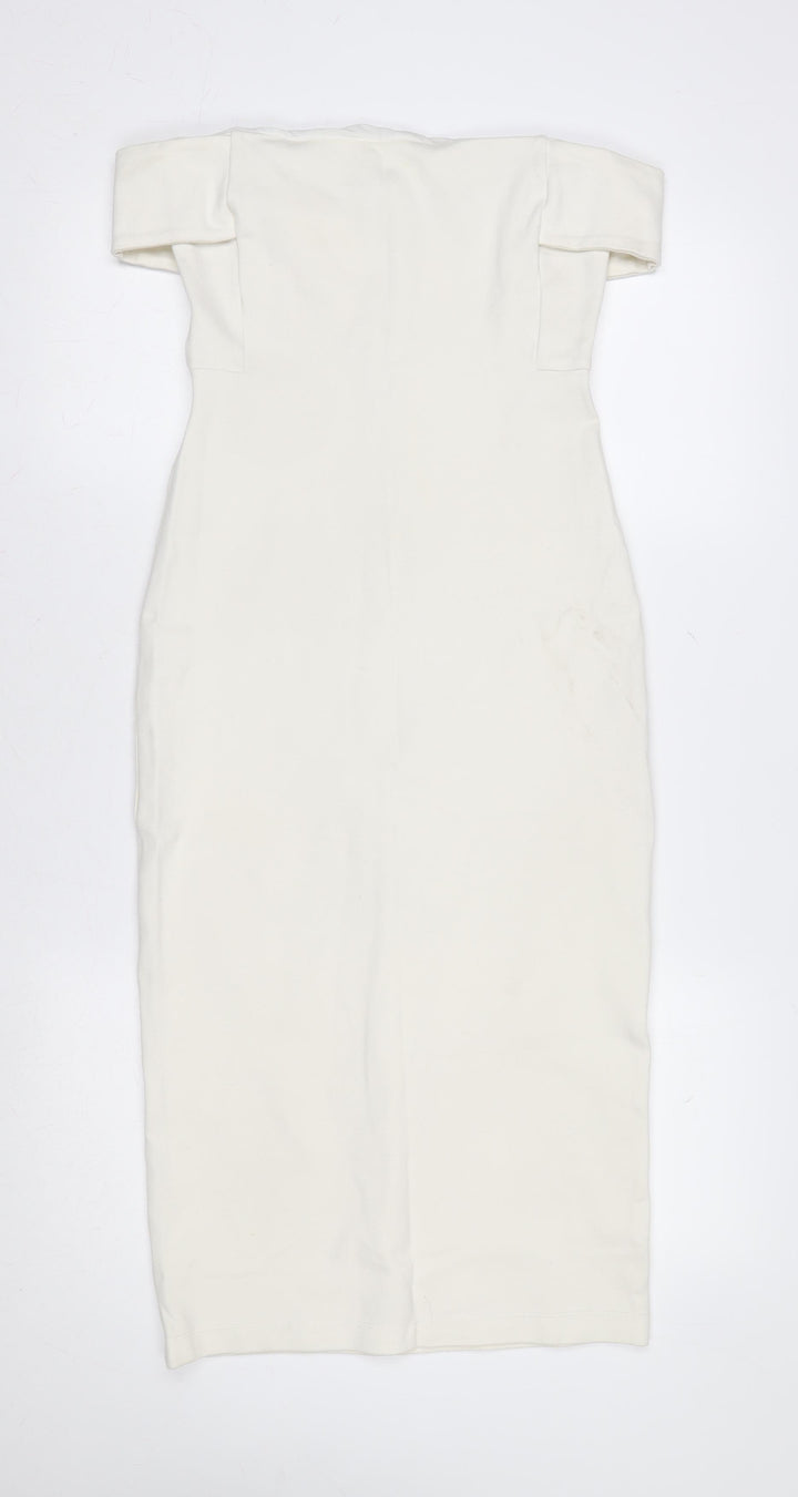 Zara Women Ivory Off Shoulder Bodycon Midi Dress Size 12
