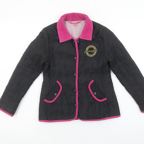 Pineapple Girls Black Quilted Jacket Age 6-7 Years Pink Trim Logo Design