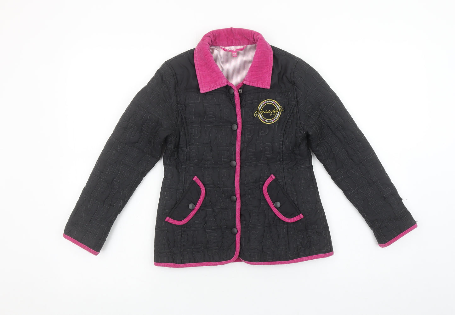 Pineapple Girls Black Quilted Jacket Age 6-7 Years Pink Trim Logo Design