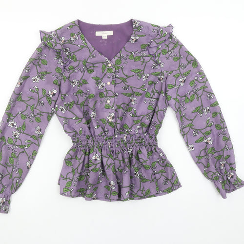 Roem Women’s Purple Floral Long Sleeve Ruffle Tunic Blouse Size S