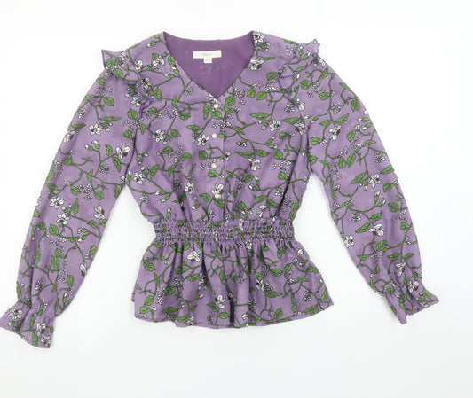 Roem Women’s Purple Floral Long Sleeve Ruffle Tunic Blouse Size S