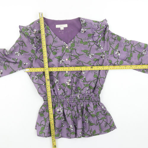 Roem Women’s Purple Floral Long Sleeve Ruffle Tunic Blouse Size S