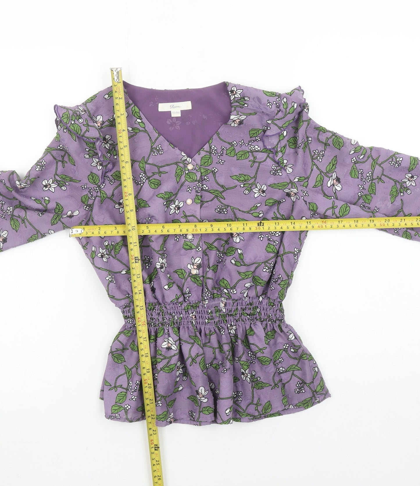 Roem Women’s Purple Floral Long Sleeve Ruffle Tunic Blouse Size S