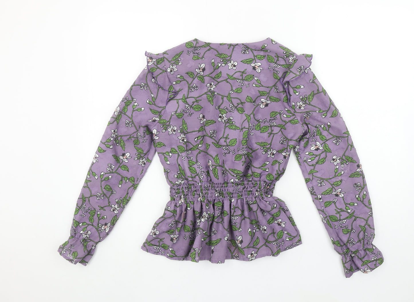 Roem Women’s Purple Floral Long Sleeve Ruffle Tunic Blouse Size S