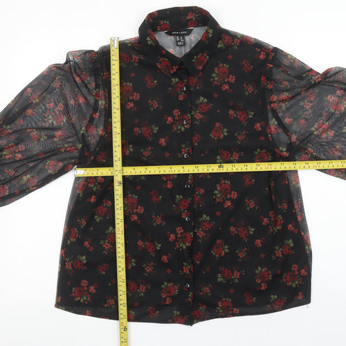 New Look Women's Black Floral Sheer Long Sleeve Button Blouse UK 12