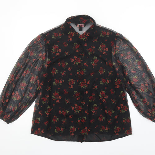 New Look Women's Black Floral Sheer Long Sleeve Button Blouse UK 12