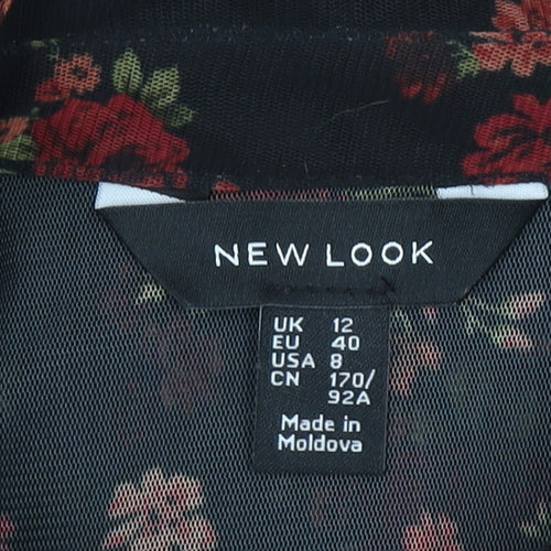 New Look Women's Black Floral Sheer Long Sleeve Button Blouse UK 12