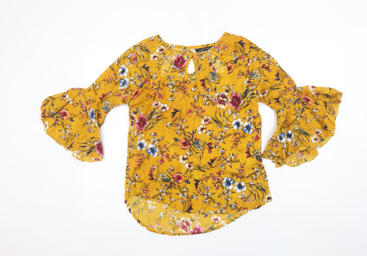 Zara Basic Womens Yellow Floral Bell Sleeve Tunic Blouse Size L
