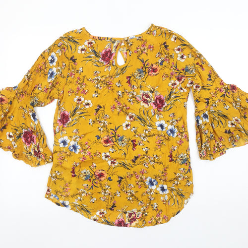 Zara Basic Womens Yellow Floral Bell Sleeve Tunic Blouse Size L