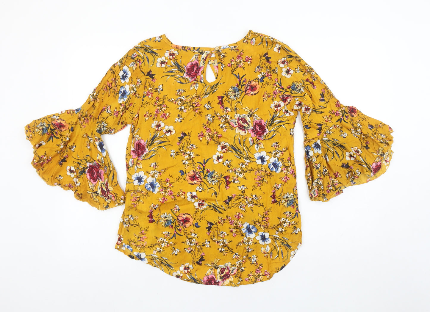 Zara Basic Womens Yellow Floral Bell Sleeve Tunic Blouse Size L