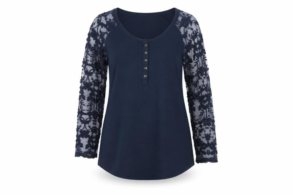 Front view of Linea Tesini Women's Blue Lace Sleeve Button-Up Tunic Top, size 12