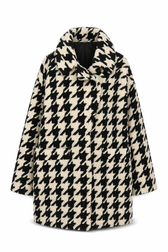 Front view of Red Herring women’s black houndstooth coat, size UK 10, lined overcoat