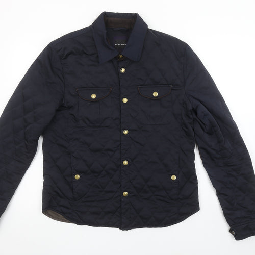 Zara Man Men's Blue Quilted Button Jacket L 42in Polyester Nylon
