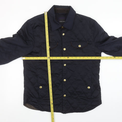 Zara Man Men's Blue Quilted Button Jacket L 42in Polyester Nylon