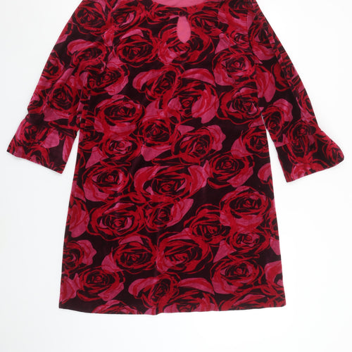 Adini Women Red Floral Velvet Shift Dress Size M 3/4 Sleeve