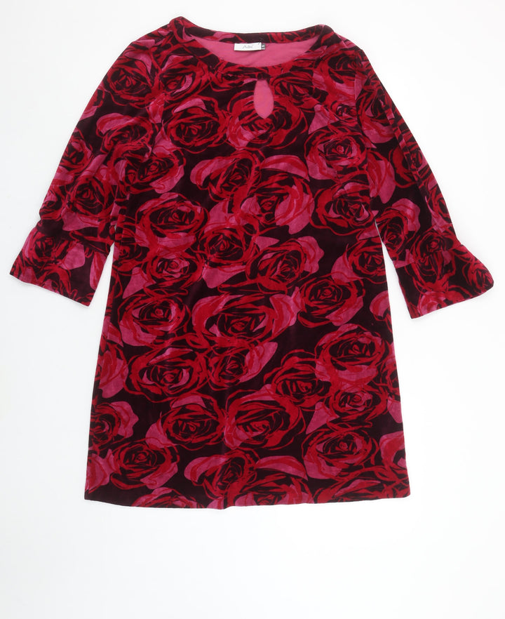 Adini Women Red Floral Velvet Shift Dress Size M 3/4 Sleeve