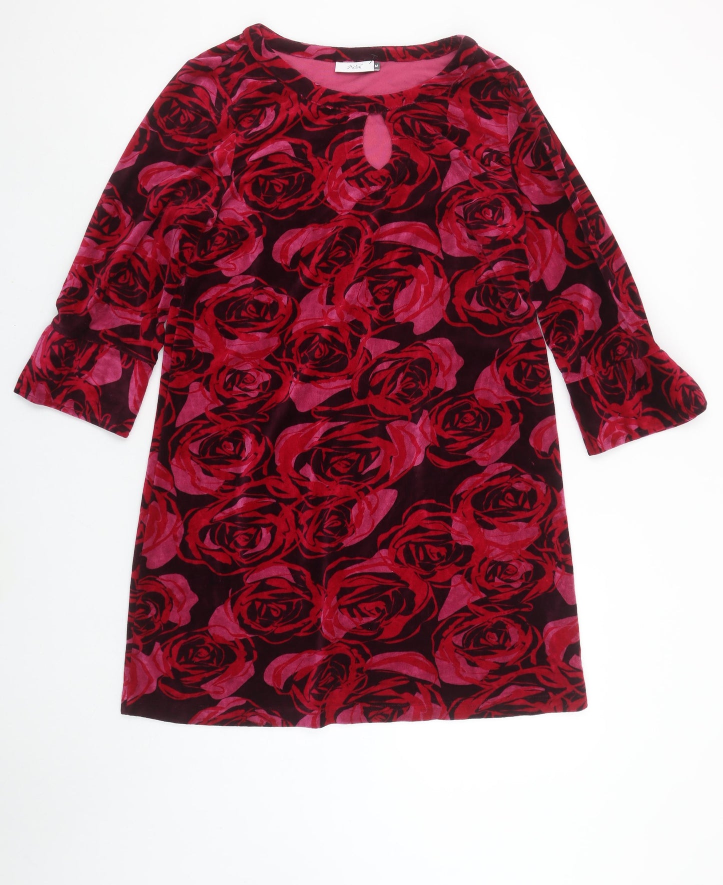 Adini Women Red Floral Velvet Shift Dress Size M 3/4 Sleeve