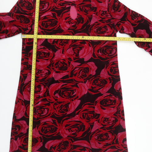 Adini Women Red Floral Velvet Shift Dress Size M 3/4 Sleeve