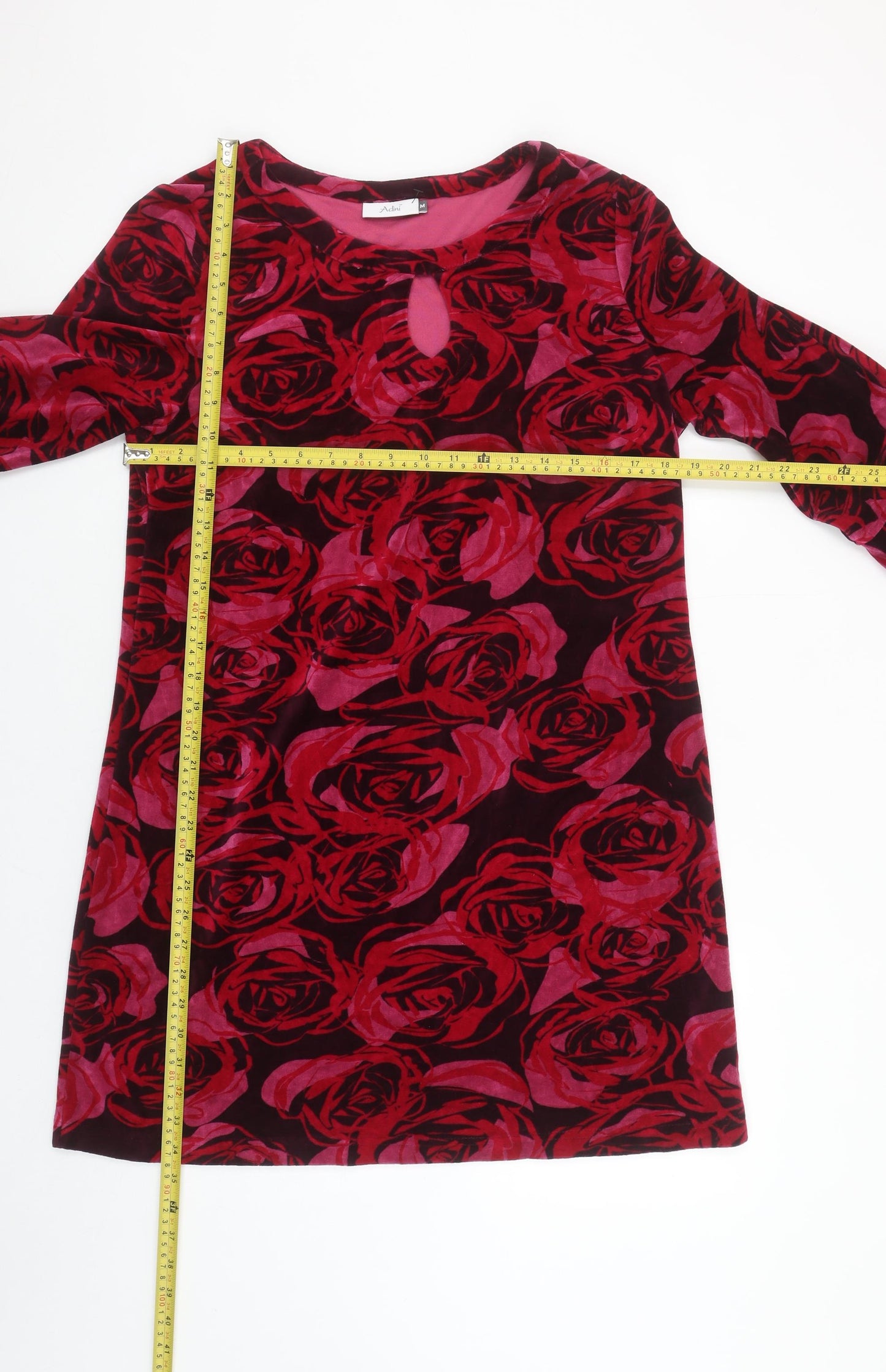 Adini Women Red Floral Velvet Shift Dress Size M 3/4 Sleeve