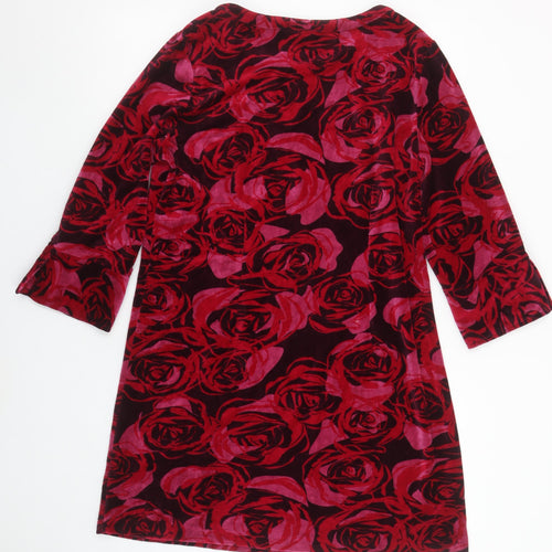 Adini Women Red Floral Velvet Shift Dress Size M 3/4 Sleeve