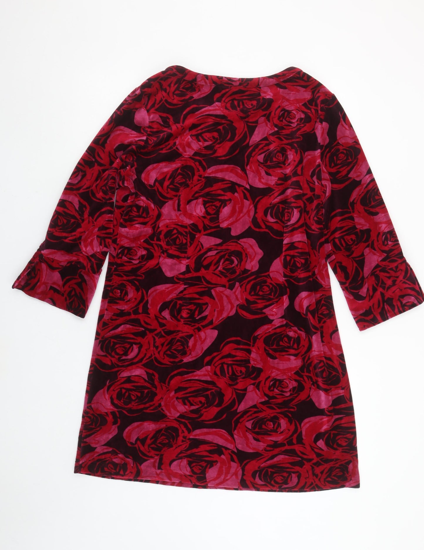 Adini Women Red Floral Velvet Shift Dress Size M 3/4 Sleeve