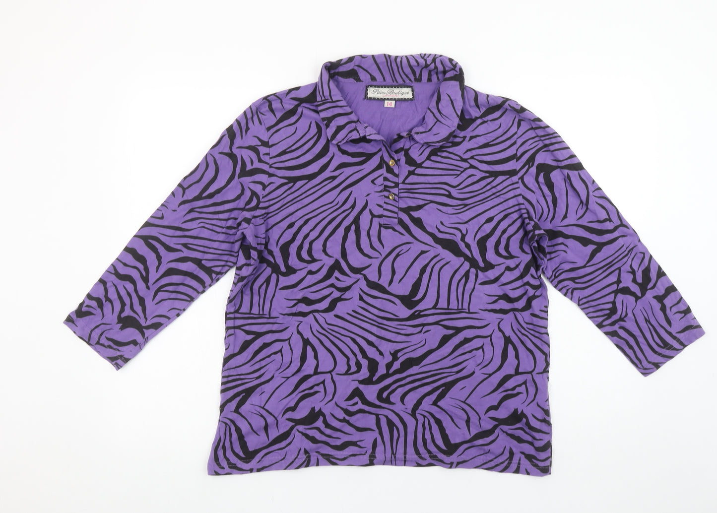 Paco Boutique Womens Purple Black Animal Print Cotton Button-Up Top Size 14