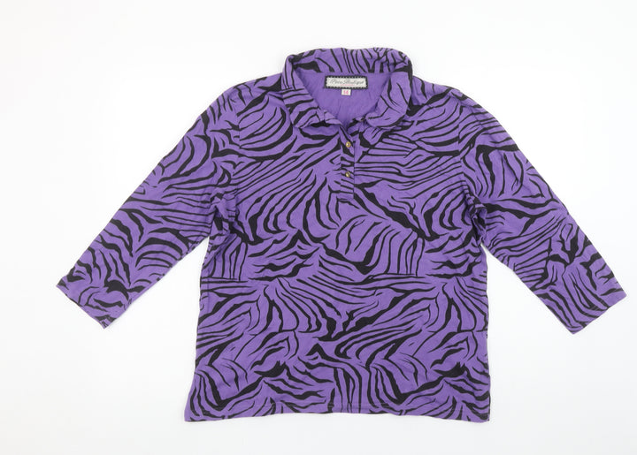 Paco Boutique Womens Purple Black Animal Print Cotton Button-Up Top Size 14