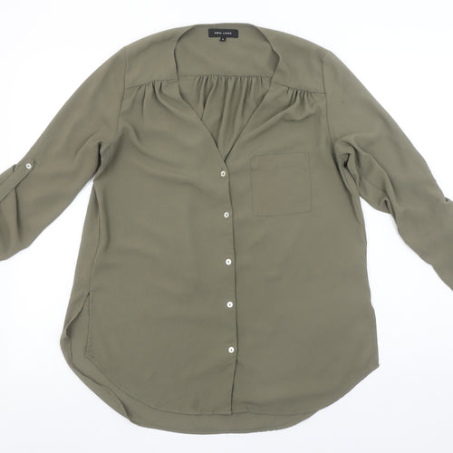 New Look Women's Green Button-Up V-Neck Long Sleeve Blouse Size 8