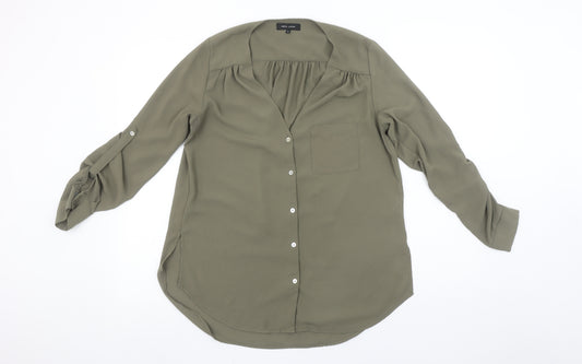 New Look Women's Green Button-Up V-Neck Long Sleeve Blouse Size 8