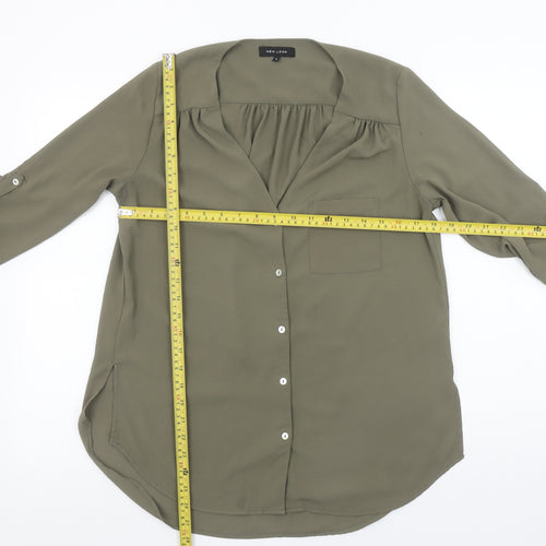 New Look Women's Green Button-Up V-Neck Long Sleeve Blouse Size 8